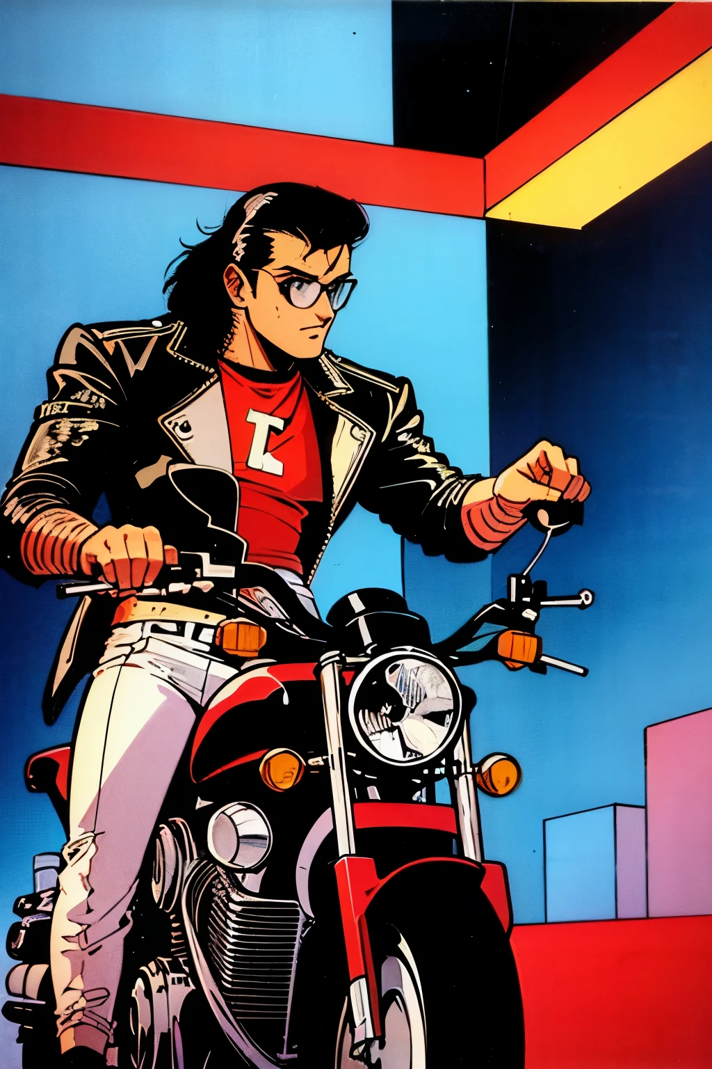 1990s (style), 1980s (style), retro artstyle, muted colors, a boy, black hair, round glasses, blue eyes, biker clothes, motorcycle, cyberpunk, 2077, best quality, masterpiece.