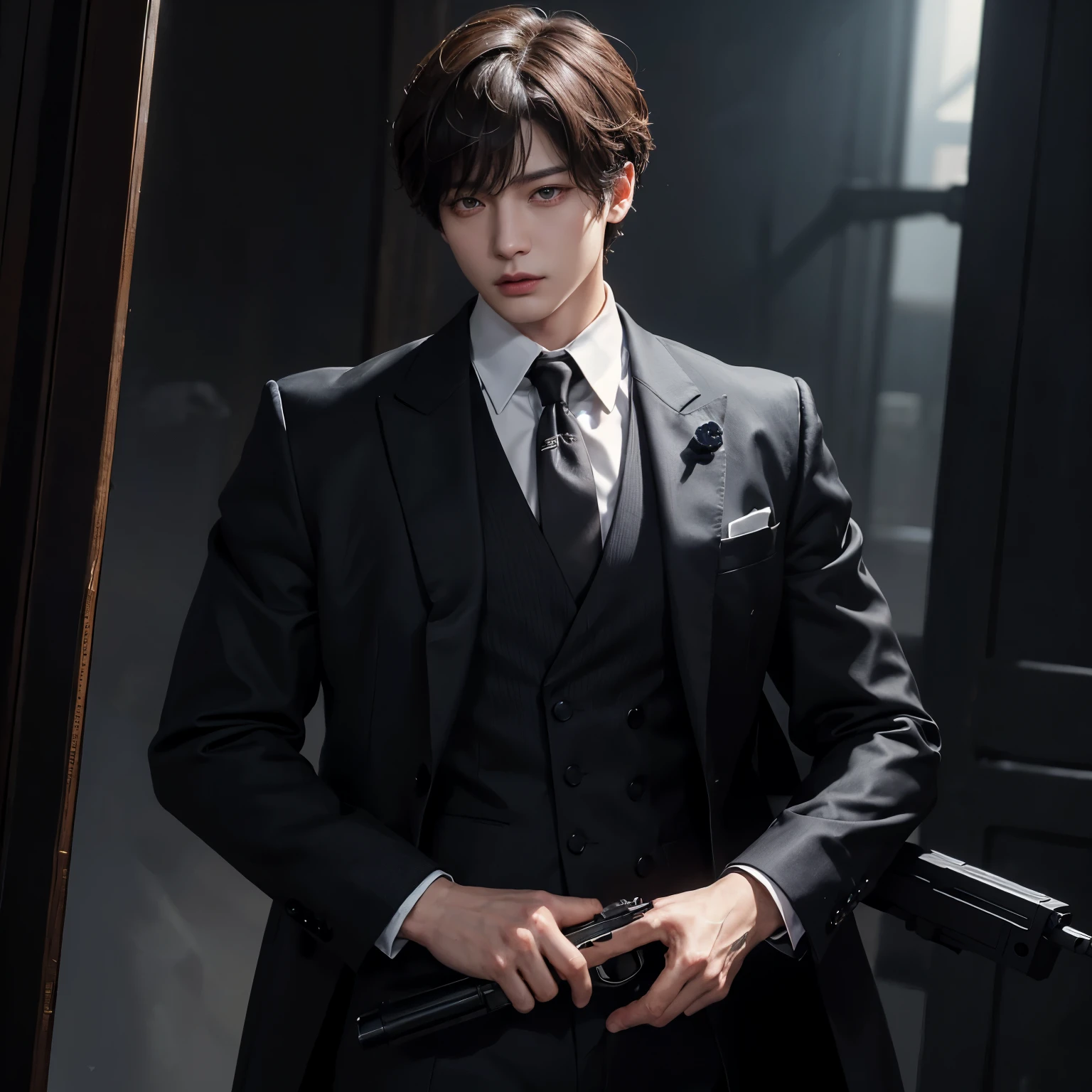 (hyper-realistic illustration)、(of Jeon Jungkook, member of BTafia character wearing a suit and holding a gun)
Jeon Jungkook, a member of the globally acclaimed K-pop group BTS, is depicted in this vivid and hyper-realistic illustration as a mafia character. Dressed in a tailored suit, the image captures every crease and detail, while his steely gaze is fixed on an unseen adversary. In one hand, Jeon Jungkook holds a sleek and menacing-looking gun, adding to the ominous atmosphere. The high level of detail in the illustration brings the character