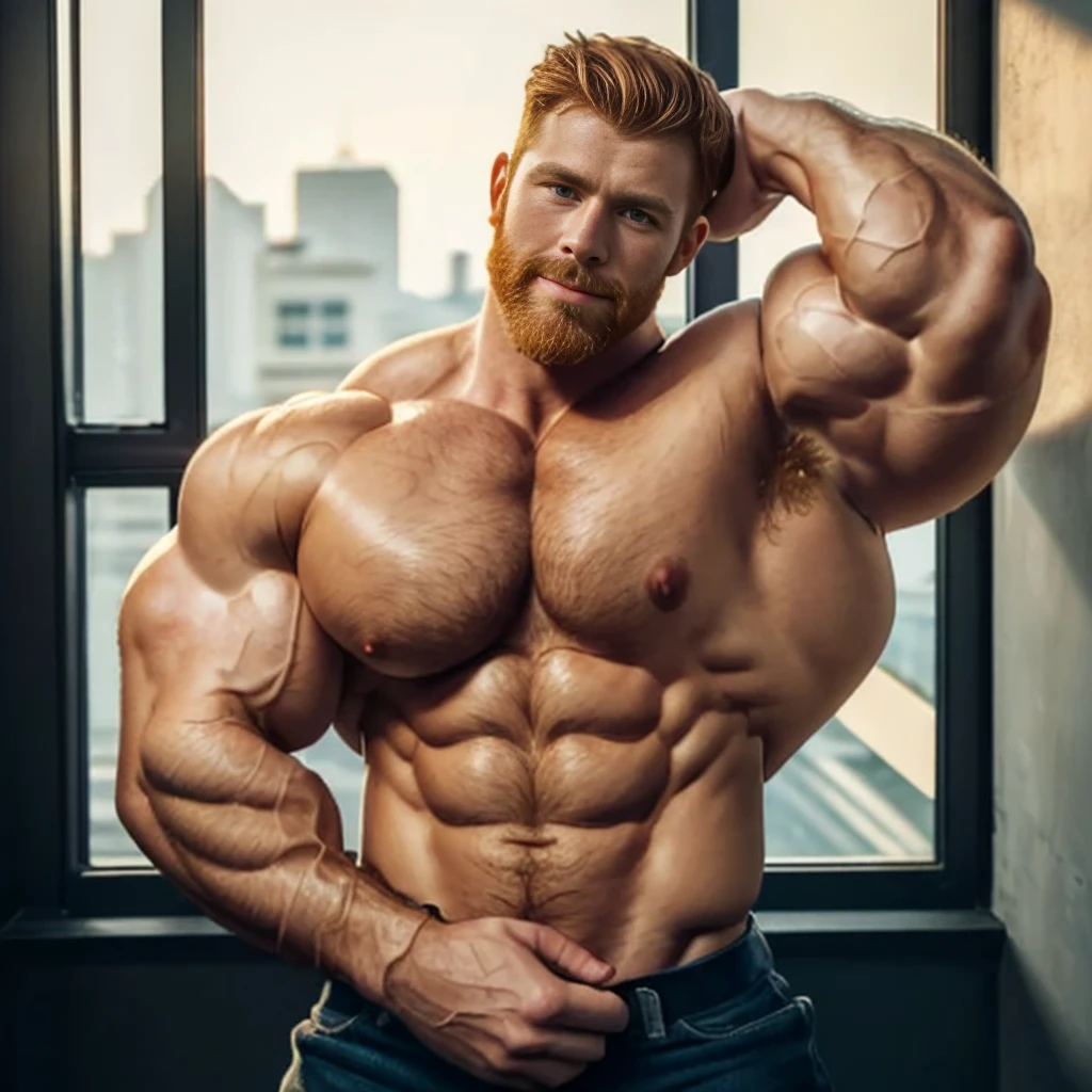 ginger daddy, (1boy), (soft smile), tan skin, (natural daylight:1.3), bicep flexing pose, (good face:1.5), (male model:1.3), dimly lit, dark studio, masculine young man with a beard, ginger, showing off biceps, (handsome:1.5), (beautiful:1.3), gorgeous, high quality face, ginger, extremely attractive, defined muscles, hairy body, messy hair, (looking at biceps:1.7), mouth open as if he would kiss something, licking biceps, tongue on biceps, lips touching biceps, lips in contact with arms, lips on arm, licking arm, facing arm, tongue on arm