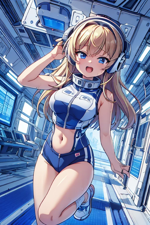 top-quality,Top image quality,in 8K,4K,masterpiece,ultra-detailliert,Beautiful,ultra-quality, best quality,high resolution, ultra-detailed,game cg,dutch angle,(acrobatic pose):5,jumping:5,(inside spacestation,)beautiful detailed eyes,five fingers,headphone,,a beauty girl,(astrovest):5,(track uniforms),wet,(steam:1.5),Running form,open open mouth,(blonde hair),(long hair):2,Navel,space_station_interior, exercise_room, futuristic, high_technology, zero_gravity_exercise_equipment, high_resolution_landscape, sleek_design, minimalistic, 8K_resolution, game_cg_style, Dutch_angle, detailed_character, track_uniform, perfect_running_form, intense_expression, detailed_eyes, determination, steam:1.5, beauty, strength, five_fingers, visible_navel, open_mouth, ultra_quality, high_resolution, ultra_detailed,astrovest