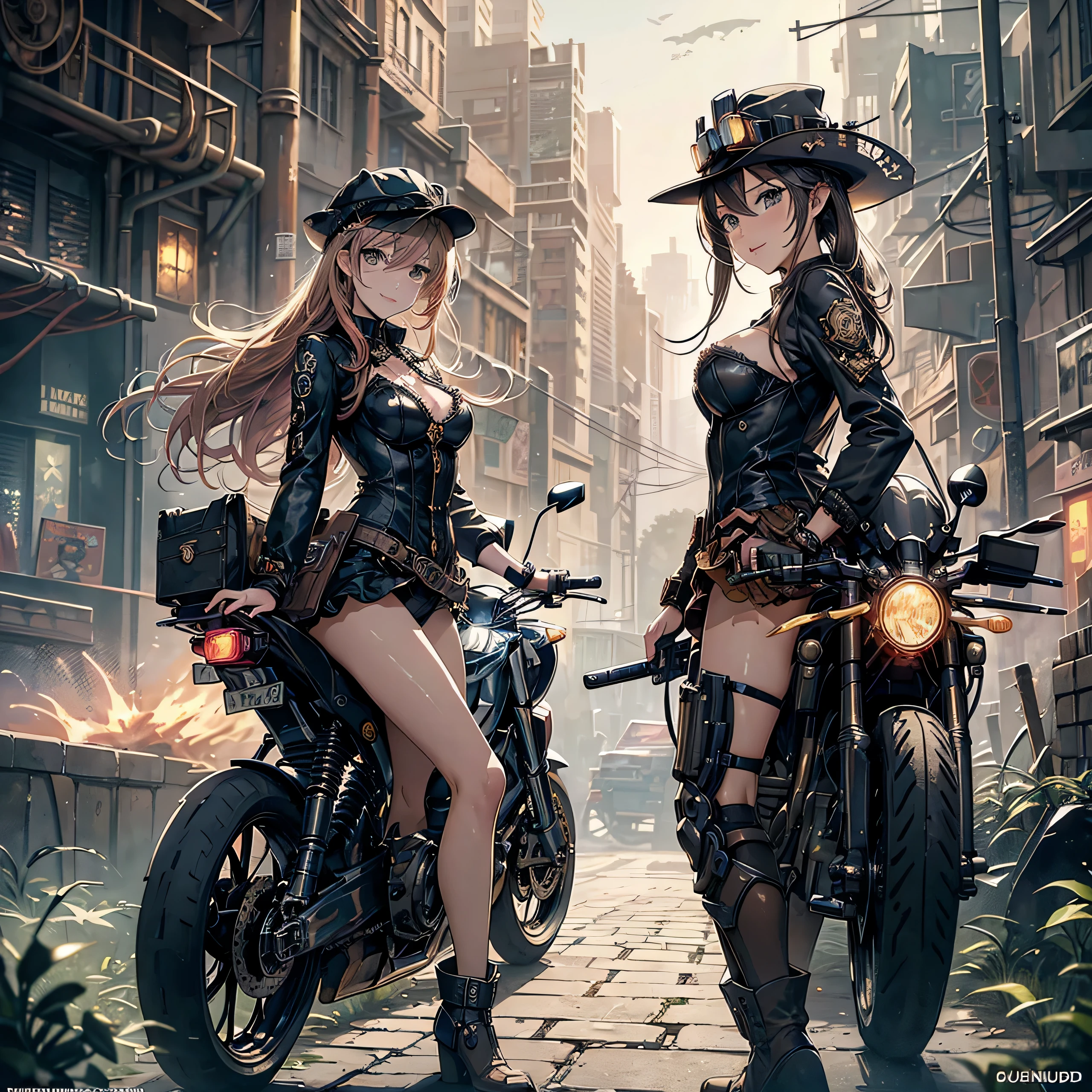 (comic book style),(line drawing_anime),(cowboy shot, highest quality, ),(Laura Budd Photos:1.2),(Laura Add Details:1.0),8K, flat color:0.8,1 girl,smile、(Steampunk bike ride 1.5)、Exquisitely decorated motorcycle、(Highly decorative and complex mechanical steampunk fashion, lace flare dolphin hat、goggles 1.5、machinery background、Gear background、Intricately mechanized steampunk cityscape 1.5),