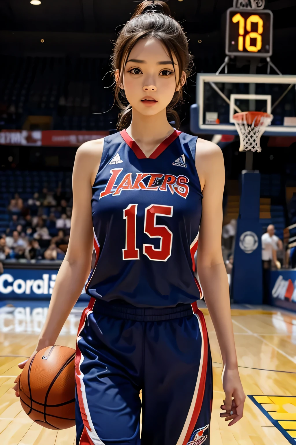 A woman in a basketball suit
