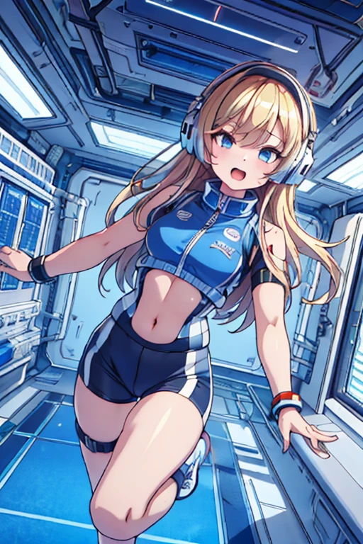 top-quality,Top image quality,in 8K,4K,masterpiece,ultra-detailliert,Beautiful,ultra-quality, best quality,high resolution, ultra-detailed,game cg,dutch angle,(acrobatic pose):5,jumping:5,(inside spacestation,)beautiful detailed eyes,five fingers,headphone,nsfw,a beauty girl,(astrovest):5,(track uniforms),wet,(steam:1.5),Running form,open open mouth,(blonde hair),(long hair):2,Navel,space_station_interior, exercise_room, futuristic, high_technology, zero_gravity_exercise_equipment, high_resolution_landscape, sleek_design, minimalistic, 8K_resolution, game_cg_style, Dutch_angle, detailed_character, track_uniform, perfect_running_form, intense_expression, detailed_eyes, determination, steam:1.5, beauty, strength, five_fingers, visible_navel, open_mouth, ultra_quality, high_resolution, ultra_detailed,astrovest