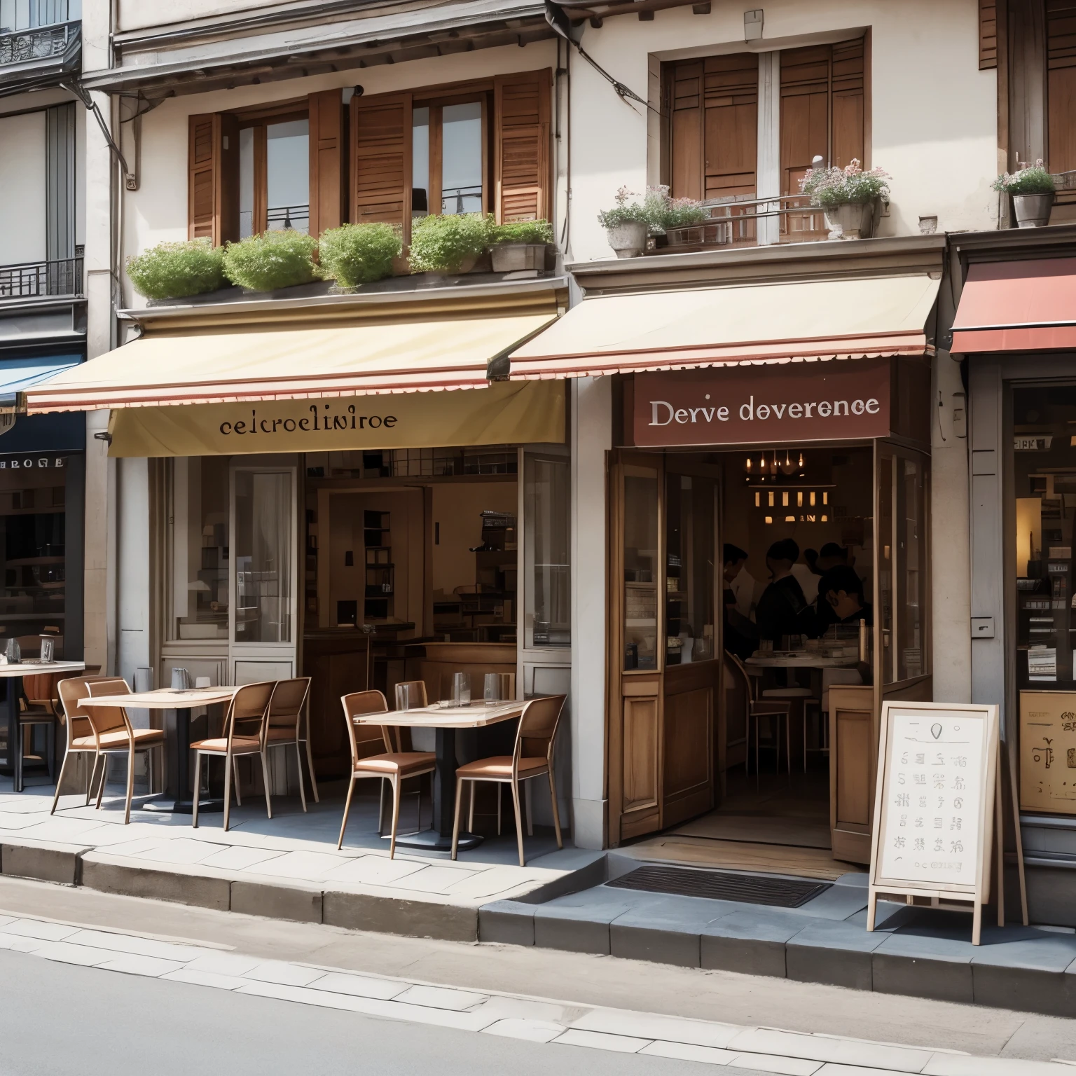 crée-moi une devanture d’une boulangerie avec une terrasse d’environ 70 m², with tables where people can sit and eat. The storefront must be in a classic style that reminds you a little of the world of Japanese anime with a good atmosphere