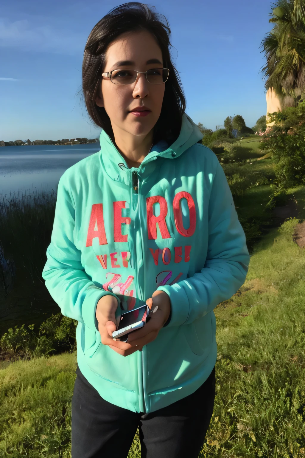 woman in a blue jacket holding a cell phone in front of a lake, she is holding a smartphone, super high resolution, very high resolution, back photo, side photo, 40-something woman, profile photo, 40-something woman years, profile photo. She is about 45 years old. Full body photo, clear photo, high quality, high resolution, masterpiece, 8K.