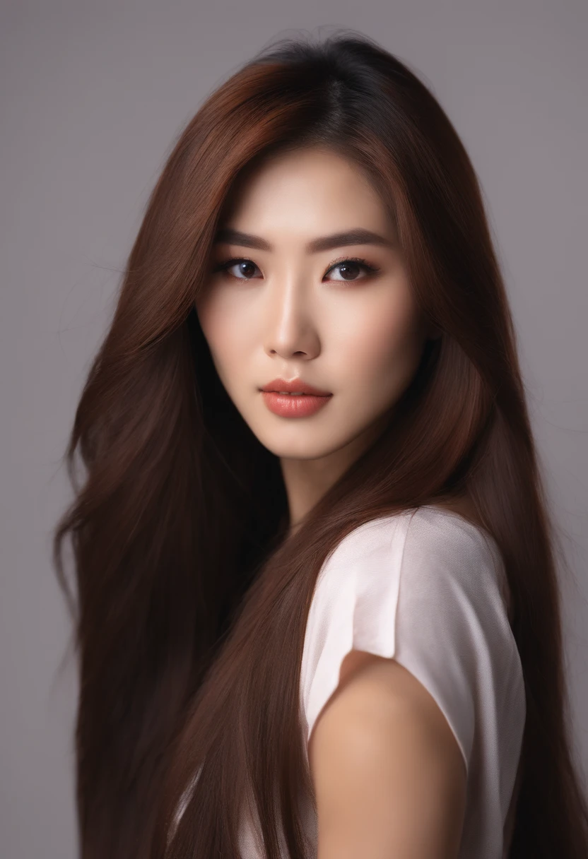 Japanese fitness model with long straight brown hair
