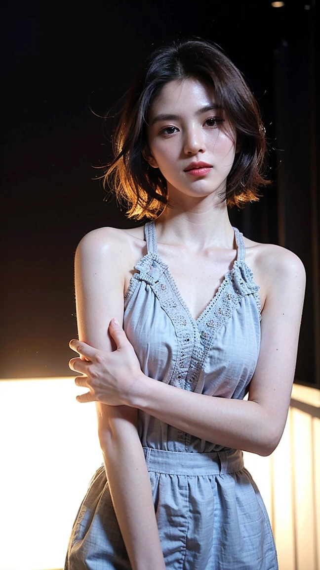 Realistic Photography, Beautiful Young Female ,Short hair ,coffee shop, extremely delicate and beautiful},Outstanding light and shadow, highly detailed wallpaper,Clear and bright sunlight, (8k, highest quality, ultra detailed:1.37), (Hana), 18yo, (a South Korean fashion model), struts confidently on the runway during a prestigious fashion week event. Dressed in a stunning designer ensemble, Hana's elegance and poise captivate the audience. The high-resolution image captures ultra-detailed realism, highlighting Hana's captivating eyes, flawless complexion, and fashionable hairstyle. The glamorous runway and stylish set design add to the visual appeal, creating a visually stunning representation of Hana's success in the fashion industry.