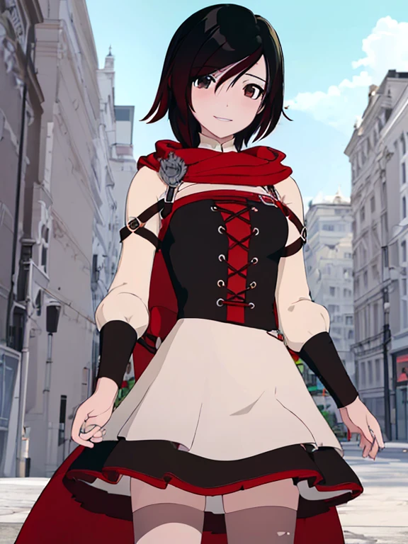 ((obra maestra,Mejor calidad)),  absurdos,
vestido largo blanco transparente, 
ruby_rwby,
solo, sonriente, mirando al espectador, tiro de vaquero,