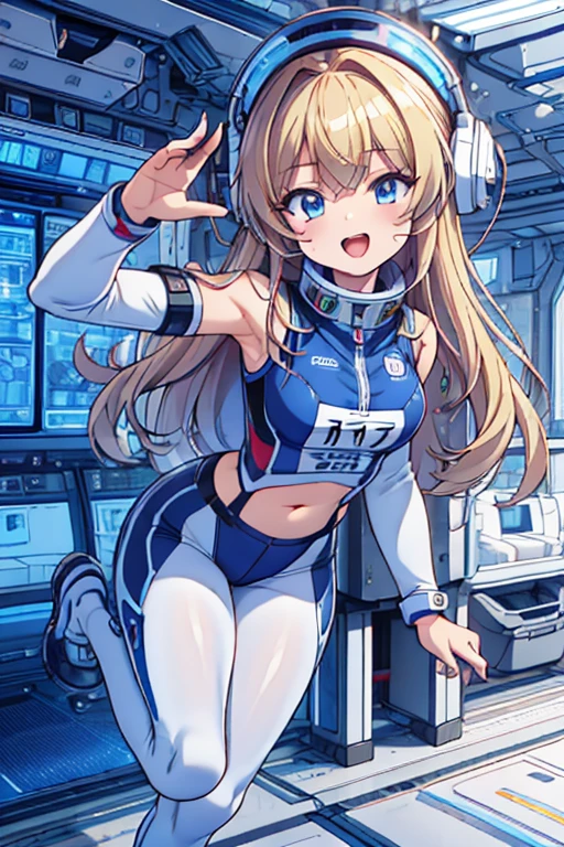 top-quality,Top image quality,in 8K,4K,masterpiece,ultra-detailliert,Beautiful,ultra-quality, best quality,high resolution, ultra-detailed,game cg,dutch angle,(acrobatic pose):5,jumping:5,(inside spacestation,)beautiful detailed eyes,five fingers,headphone,nsfw,a beauty girl,(astrovest):5,(track uniforms),wet,(steam:1.5),Running form,open open mouth,(blonde hair),(long hair):2,Navel,space_station_interior, exercise_room, futuristic, high_technology, zero_gravity_exercise_equipment, high_resolution_landscape, sleek_design, minimalistic, 8K_resolution, game_cg_style, Dutch_angle, detailed_character, track_uniform, perfect_running_form, intense_expression, detailed_eyes, determination, steam:1.5, beauty, strength, five_fingers, visible_navel, open_mouth, ultra_quality, high_resolution, ultra_detailed,astrovest