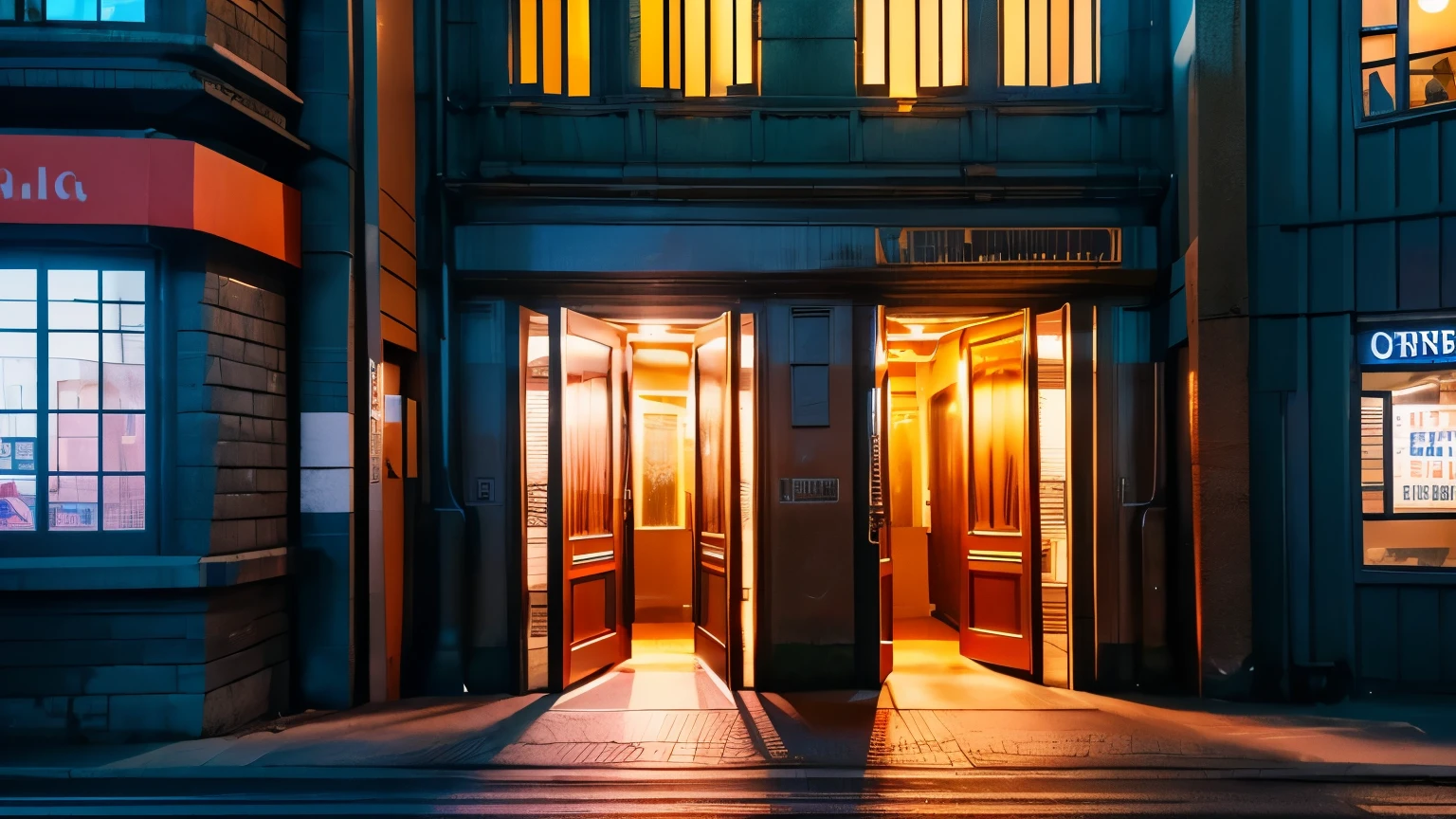 (best quality,4k,highres,masterpiece:1.2),brightly lit entrance,scenic view of the city,fascinating streetscape,soundproof doors,edgy,outlaw,urban vibe
