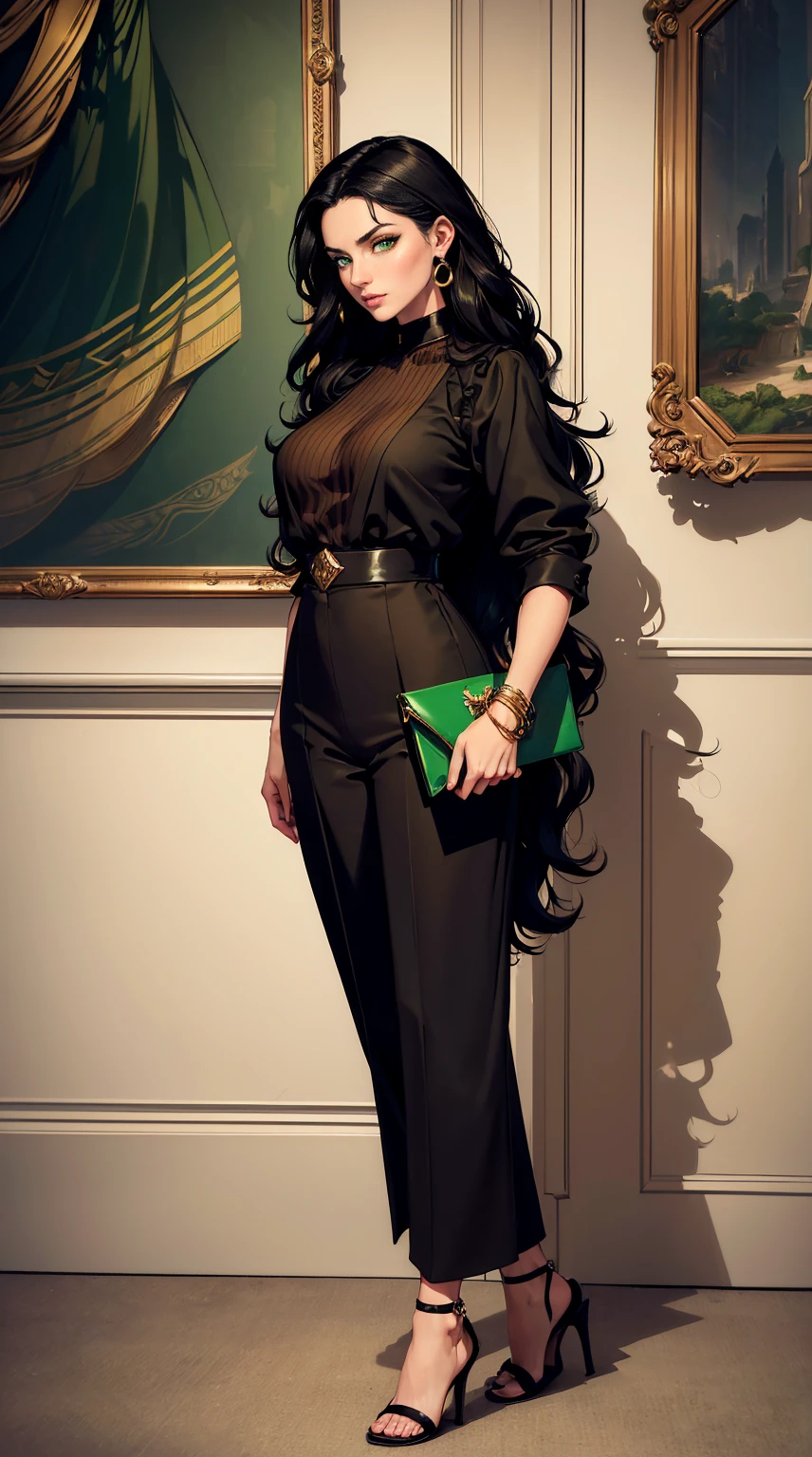(masterpiece, Best quality, A high resolution, ultra detailed),(beautiful and aesthetically pleasing:1.2), (1 woman), adult, perfect body, wavy black hair, ((green eyes)), detailed eyes and face, (full body), Art Gallery Opening Outfit: Culottes, Silk blouse, Block heel sandals, Clutch purse, Geometric earrings, Minimalist cuff bracelet
