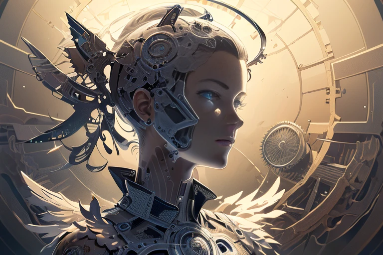 (mechanical angel), mechanical wings with gears extended, detailed face, proportional face, (devious and beautiful), (machine-made:1.6), cinematic light, Science fiction, surreal, apocalypse, (CG illustration), (Highly detailed), (high resolution), (Best quality), (masterpiece)
