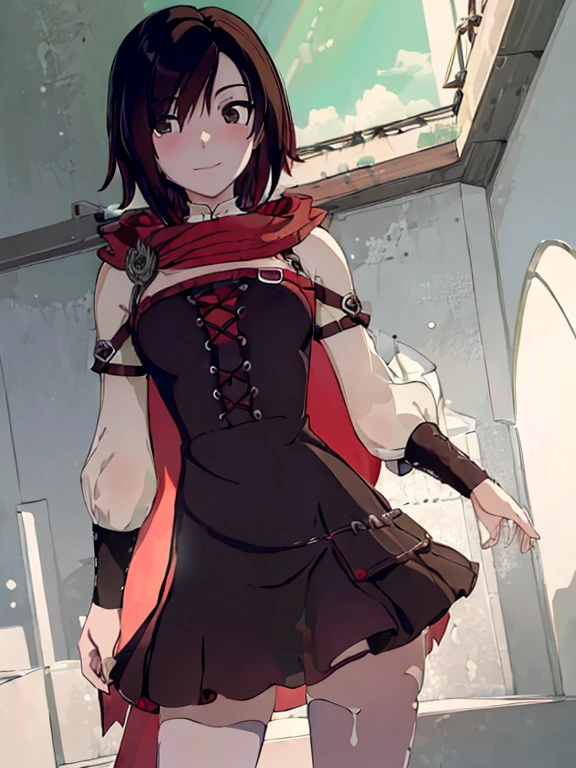 ((obra maestra,Mejor calidad)),  absurdos,
vestido largo blanco transparente, 
ruby_rwby,
solo, sonriente, mirando al espectador, tiro de vaquero,