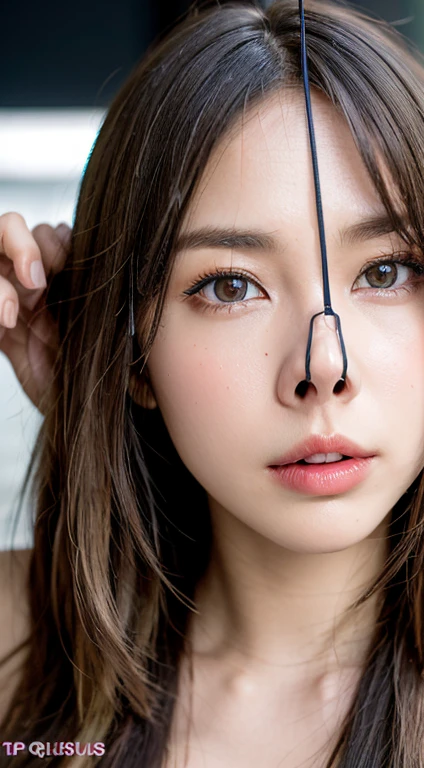 Fashion trendy beautiful and attractive woman, ,(Top quality realistic textured skin:1.4), fine eyes, detailed face, high quality eyes, focus the eyes clearly, nose and mouth,face focus, delicate and sexy clavicle, attractive oval face, double eyelid, Smart peach blossom eyes, pink lips, small nose, bare shoulders, focus on face, close up of face, ultra high resolution, Super detailed, full body photo, Ultra thin and transparent,cinematic lighting,rim light,((Blonde Hair Color))、Completely naked,(nsfw),(((全身Completely naked))),(((((nsfw))))),(((full body shot))),((The nostrils are pointing upwards)),(nostrils are pointing upwards:1.3),(((Nose Hook上に引っ張る:1.2)))