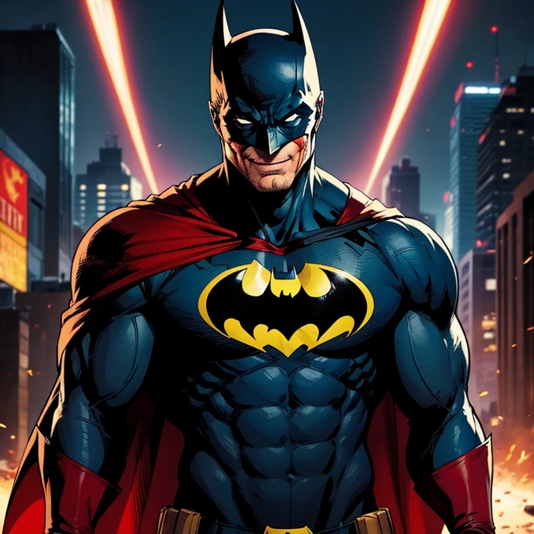 Comic scene,DC comic art style,Batman,he smile,his eye ITS bright red,his outfit is ripped,he pose,the background is destroyed city,His clothes were stained with blood