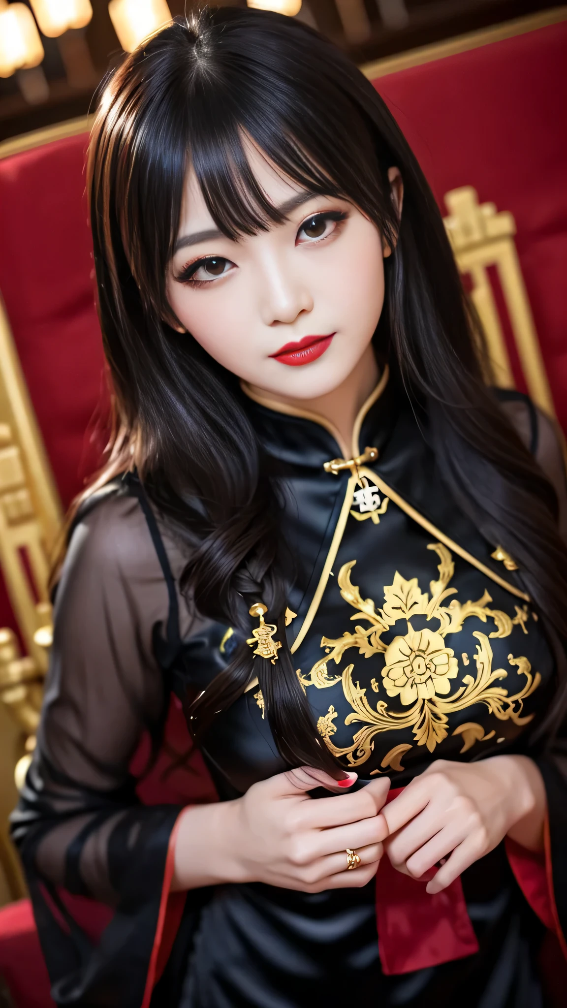 tra-detailed、Japanese、attractive beauty、seductive adult woman、pretty woman、piercing eyes、cool girl、wavy hair、swept bangs、Long Black and Gold Cheongsam、wide sleeves、Evil cadres、evil depravity、brainwash、mind control、lipstick、lip gloss、dark makeup、smirk、whisper in your ear、Evil expression、evil、hollow eyes,half-closed eyes、empty eyes、evil、church at night、vampire、succubus、vampire、Swear allegiance、sexy pose、hair ornaments、