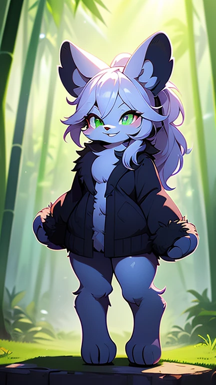 [lili stormstout], [Uploaded to e621.net; (Pixelsketcher), (wamudraws)], ((masterpiece)), ((HD)), ((solo portrait)), ((full body)), ((front view)), ((feet visible)), ((furry; anthro)), ((detailed fur)), ((detailed shading)), ((beautiful render art)), ((intricate details)), {anthro panda; (black fur), (white fur), black nose, (cute green eyes), (short eyelashes), short black hair, (ponytail), (curvy hips), (beautiful legs), (beautiful feet), (cute grin)}, {(red clothes), (long sleeves)}, {(standing), (looking at viewer)}, [background; (bamboo forest), (blue sky), (sun rays), (cloudy), (ambient lighting)]
