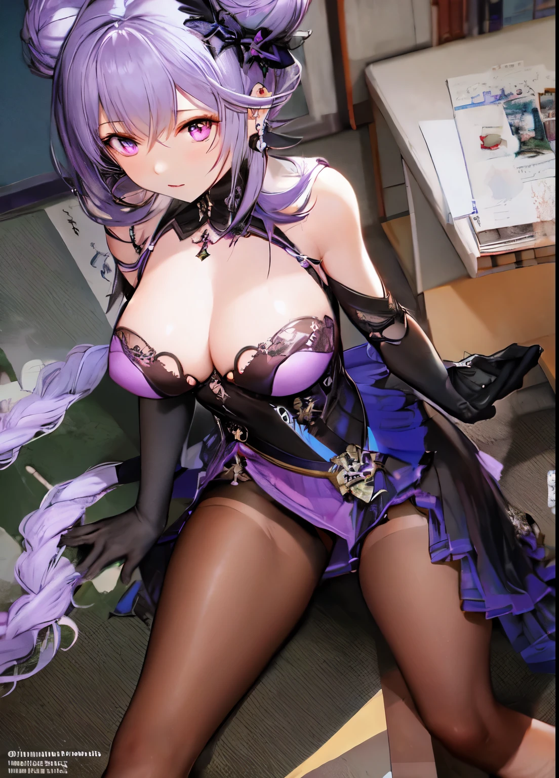 1girl, from above, standing,
keqing (piercing thunderbolt) (genshin impact), keqing (genshin impact),
pantyhose, hair bun, purple hair, gloves, twintails, long hair, purple eyes, diamond-shaped pupils, bare shoulders, hair ornament, black pantyhose, cone hair bun,nsfw
detached sleeves,dress, jewelry, medium breasts, earrings, bangs, frills, purple dress, black gloves, braid, skirt,