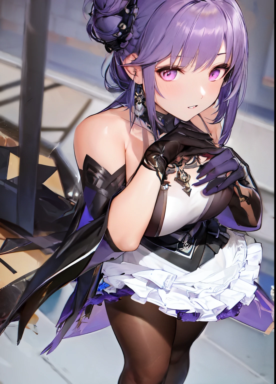 1girl, from above, standing,
keqing (piercing thunderbolt) (genshin impact), keqing (genshin impact),
pantyhose, hair bun, purple hair, gloves, twintails, long hair, purple eyes, diamond-shaped pupils, bare shoulders, hair ornament, black pantyhose, cone hair bun,nsfw
detached sleeves,dress, jewelry, medium breasts, earrings, bangs, frills, purple dress, black gloves, braid, skirt,
 