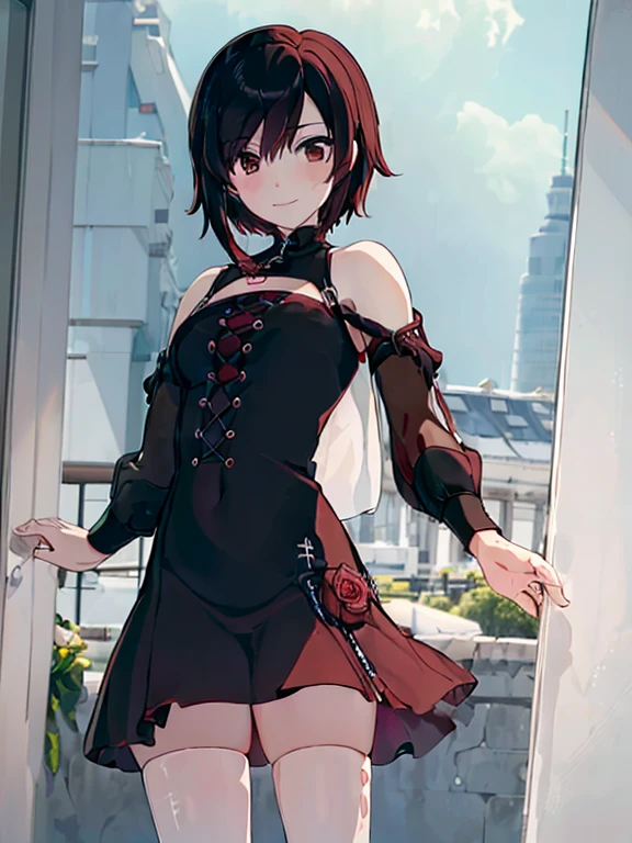 ((obra maestra,Mejor calidad)),  absurdos,
vestido largo blanco transparente, 
ruby_rwby,
solo, sonriente, mirando al espectador, tiro de vaquero,