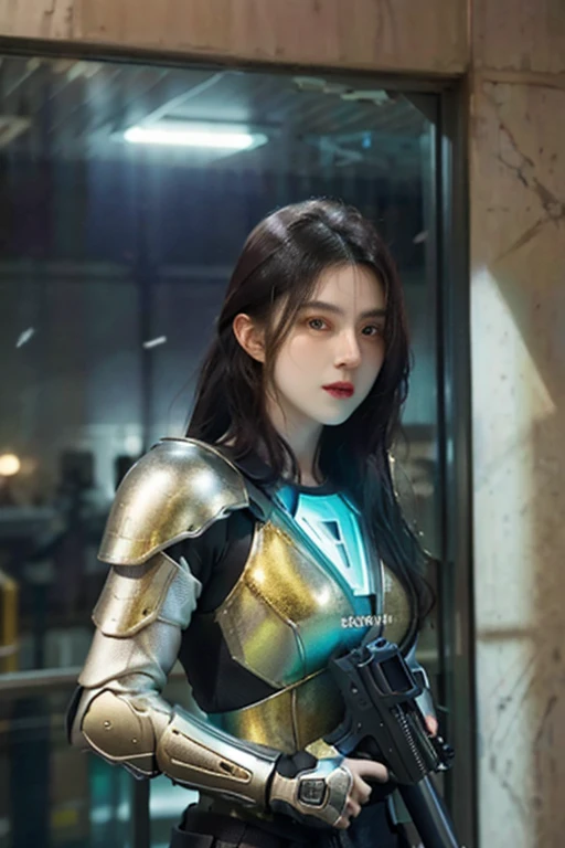 Realistic android women with long black hair in futuristic chameleon armor, effect glass glowing white, black and gold, cinematic masterpiece, ultra HD, 16K, detailed, Leica camera, futuristic, glowing armor, realistic, detailed, cinematic, professional look.