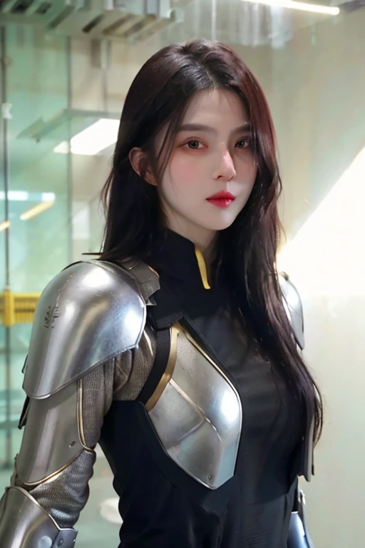 Realistic android women with long black hair in futuristic chameleon armor, effect glass glowing white, black and gold, cinematic masterpiece, ultra HD, 16K, detailed, Leica camera, futuristic, glowing armor, realistic, detailed, cinematic, professional look.