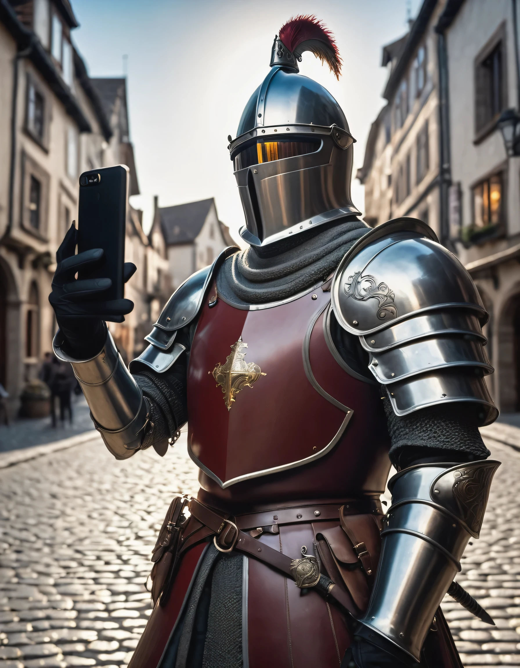 Detailed photo of a knight in full medieval armor, complete with ornate sword and shield, standing in the middle of a cobblestone town square, capturing a selfie on a sleek, futuristic smartphone, creating a jarring juxtaposition of ancient and modern technology that evokes a sense of dissonance and wonderment, shot from a low angle, in a photorealistic style, in the cinematic lighting of a sunny afternoon, on a RED digital cinema camera with a wide-angle lens, in the style of Ridley Scott.