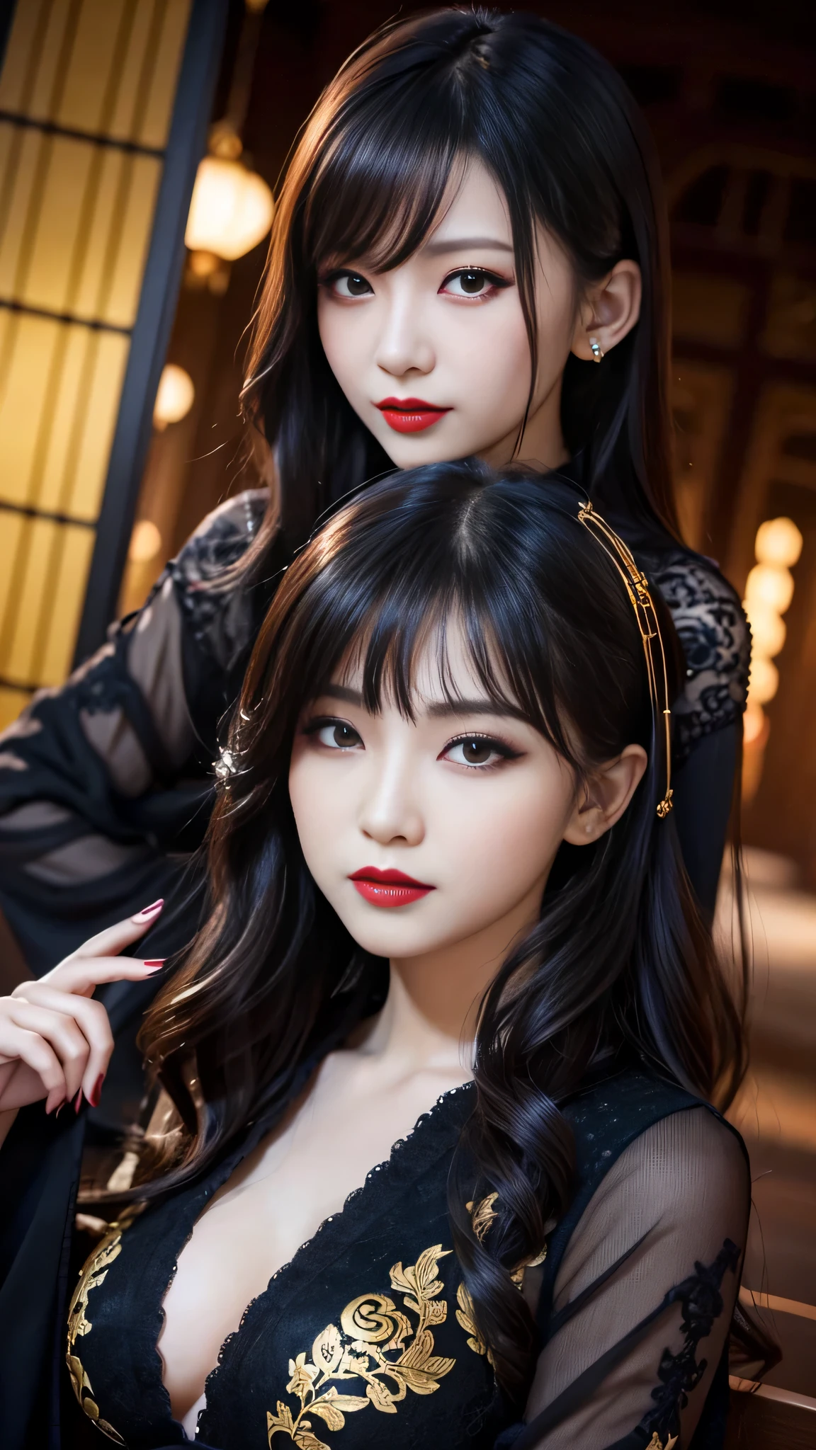 tra-detailed、Japanese、attractive beauty、seductive adult woman、pretty woman、piercing eyes、cool girl、wavy hair、swept bangs、Long Black and Gold Cheongsam、wide sleeves、Evil cadres、evil depravity、brainwash、mind control、lipstick、lip gloss、dark makeup、smirk、whisper in your ear、Evil expression、evil、hollow eyes,half-closed eyes、empty eyes、evil、church at night、vampire、succubus、vampire、Swear allegiance、sexy pose、hair ornaments、