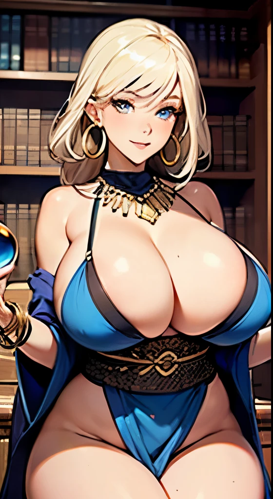 Masterpiece, Best Quality, (((Solo mature woman Janet))), (((platinum blonde hair))), long braided Ponytail, (((wide hips))), (((light blue eyes))), full lips, seductive smile, cleavage, sitting on wooden throne, (((bookshelves, candles))) sunset, blushing, , "beautiful mature face" , age30 , MILF , adult ((open kimono with detailed patterns of gold)), bare shoulder, ((Sexual suggestiveness)), perfect beautiful eyes, detailed eyes. thick lips, ((big boobs)), (Thick thighs), top down, looking down, (((shiny skin))), (((chubby))), (((crystal Ball)), necklace, bracelets, hoop earrings, 
