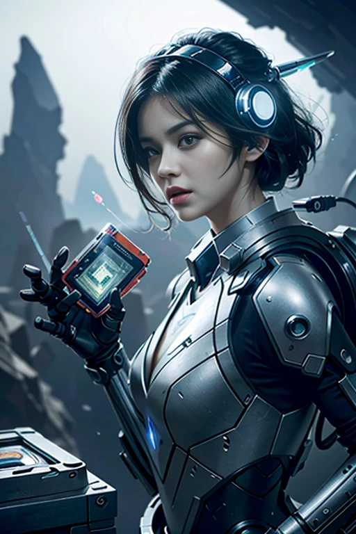 (best quality,4k,8k,highres,masterpiece:1.37), ultra-detailed, (realistic,photorealistic,photo-realistic:1.37), (aerial view), (top down perspective), 1woman, (the foreground is a woman pulling a video game cartridge out of a futuristic artifact box full of video game cartridges:1.6), (the woman is looking down:1.4), (Futuristic artifact box), (the artifact box is open), (The scene unfolds inside a mystical cavern:1.4), robot joints, mecha, fractal_body, (The woman is wearing a biomechanical suit, made with glass details, covering her entire body:1.5), gatchaman, (She has a helmet glass visor:1.4), (dynamic angle:1.37), headgear, mechanical parts, (The woman's headgear is made of fractal mechanical parts:1.4), (fantasy and sci-fi mixed:1.37), holographic glitch effects floats around the woman, vibrant colors, (A blue glow emanates from inside the treasure chest), glowing lights, (abandoned machinery), (there are video game cartridges and consoles on the background), mystical creatures, (there are crystal formations spreading on the background), (futuristic technology), (ancient artifacts), mystical energy, vibrant retro aesthetic, atmospheric lighting, ancient ruins, mysterious symbols, lush vegetation, nostalgic atmosphere, epic adventure