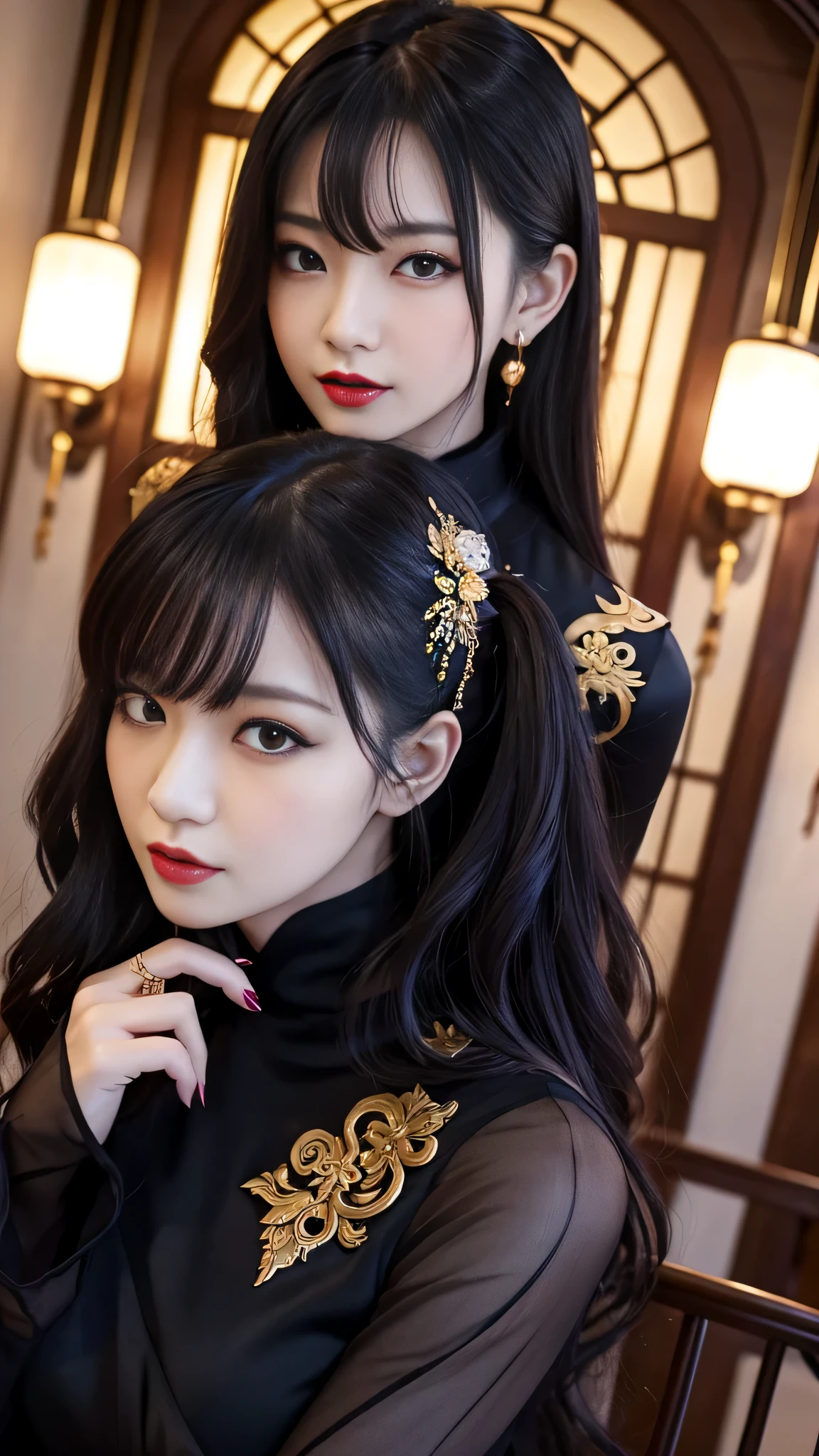 tra-detailed、Japanese、attractive beauty、seductive adult woman、pretty woman、piercing eyes、cool girl、wavy hair、swept bangs、Long Black and Gold Cheongsam、wide sleeves、Evil cadres、evil depravity、brainwash、mind control、lipstick、lip gloss、dark makeup、smirk、whisper in your ear、Evil expression、evil、hollow eyes,half-closed eyes、empty eyes、evil、church at night、vampire、succubus、vampire、Swear allegiance、sexy pose、hair ornaments、