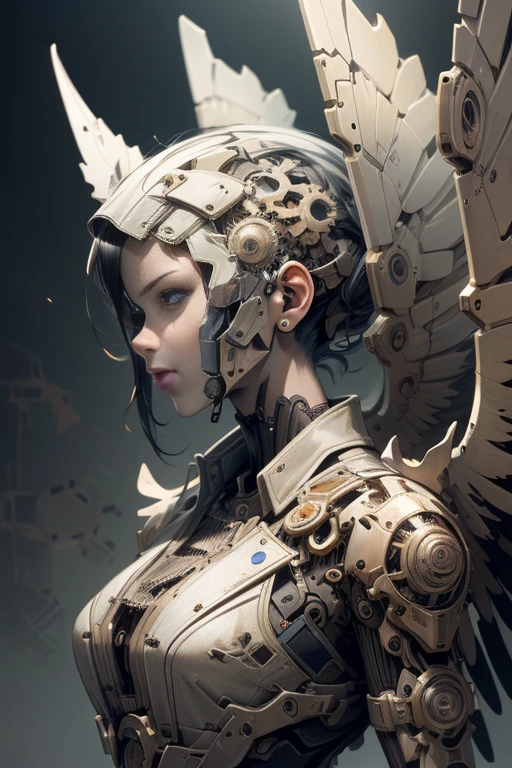 (mechanical angel), mechanical wings with gears extended, detailed face, proportional face, (devious and beautiful), (machine-made:1.6), cinematic light, Science fiction, surreal, apocalypse, (CG illustration), (Highly detailed), (high resolution), (Best quality), (masterpiece)
