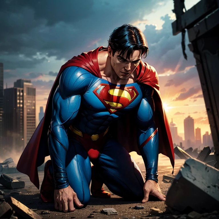 Comic scene,DC comic style,superman cry,he Kneel,his Cloak ripped,his arm bloody,in background destroyed city