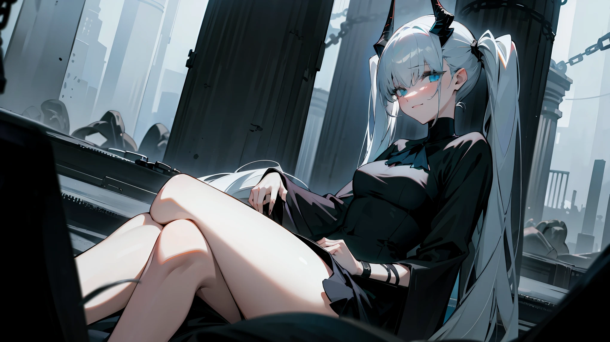 (best quality,highres,masterpiece:1.2),(flatten art:0.75), masterpiece, best quality, 1woman, Anime, darker environment, long twintail hair, black horn, straight white hair, black goth gown, enticing, night, dark, dark fantasy ruin hall, looking at viewer, solo, faint moonlight, sad smile, close-up, sitting, seducing the viewer, chains