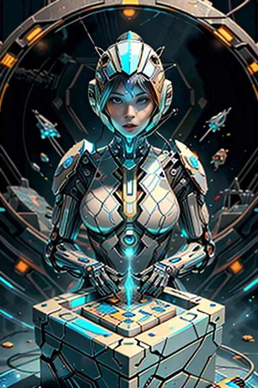 (best quality,4k,8k,highres,masterpiece:1.37), ultra-detailed, (realistic,photorealistic,photo-realistic:1.37), (aerial view), (top down perspective), 1woman, (the foreground is a woman pulling a video game cartridge out of a futuristic artifact box full of video game cartridges:1.6), (the woman is looking down:1.4), (Futuristic artifact box), (the artifact box is open), (The scene unfolds inside a mystical cavern:1.4), robot joints, mecha, fractal_body, (The woman is wearing a biomechanical suit, made with glass details, covering her entire body:1.5), gatchaman, (She has a helmet glass visor:1.4), (dynamic angle:1.37), headgear, mechanical parts, (The woman's headgear is made of fractal mechanical parts:1.4), (fantasy and sci-fi mixed:1.37), holographic glitch effects floats around the woman, vibrant colors, (A blue glow emanates from inside the treasure chest), glowing lights, (abandoned machinery), (there are video game cartridges and consoles on the background), mystical creatures, (there are crystal formations spreading on the background), (futuristic technology), (ancient artifacts), mystical energy, vibrant retro aesthetic, atmospheric lighting, ancient ruins, mysterious symbols, lush vegetation, nostalgic atmosphere, epic adventure, delightful surprise