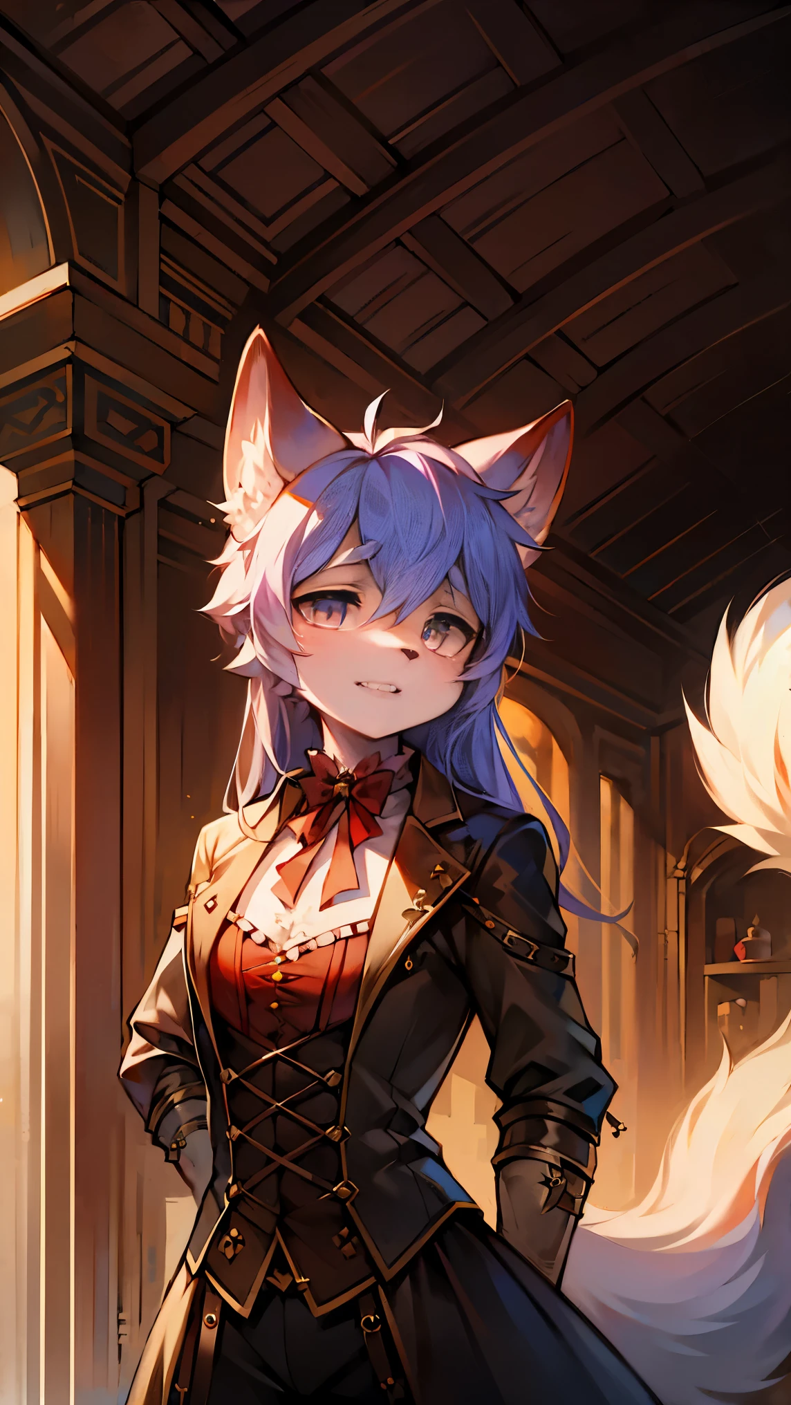 wolf boy　fille loup　duo　longs cheveux argent et duveteux　beau　Meilleure qualité d&#39;image　la plus haute qualité　very delicate　fond d&#39;screen　steampunk　ruban rose dans les cheveux　Lourd　Provocant　Estrus fluffy tail verons eyes 