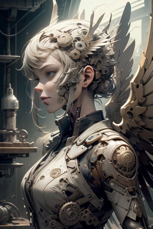 (mechanical angel), mechanical wings with gears extended, detailed face, proportional face, (devious and beautiful), (machine-made:1.6), cinematic light, Science fiction, surreal, apocalypse, (CG illustration), (Highly detailed), (high resolution), (Best quality), (masterpiece)
