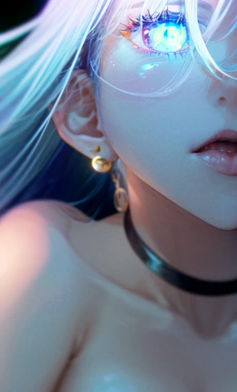 two kiss、Depth of bounds written, detailed eye, ((CG illustration)), ((face focus)), ((masterpiece)), ((8K)), ((super detailed)), ((Super high quality)), ((cinematic)), ((Photoreal)), ((close up shot)), (solo), (cool girl), very long hair, straight hair, (((thin body))), Glossy skin, ((look away)), (Beautiful goth girl with high cheeks and legs), Gothic makeup, clear eyes, lipstick, dark eye shadow, ((No bra)), choker, earrings, provoke, night, ((full moon)), ((Functional)), Lonely, Visual kei, ((pastel colour)), Unwound clothes, forget, kiss, White Knight, dark, silence