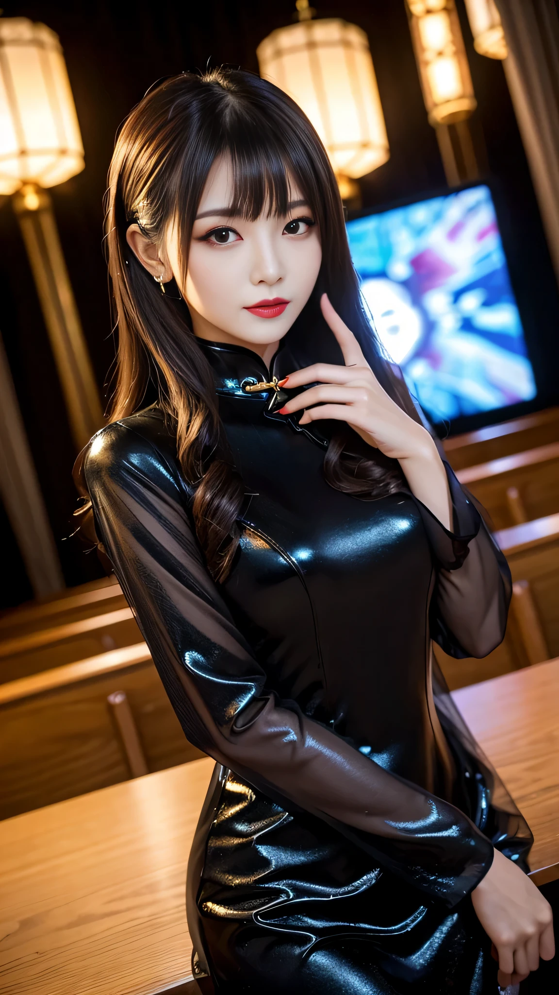 tra-detailed、Japanese、attractive beauty、seductive adult woman、pretty woman、piercing eyes、cool girl、wavy hair、swept bangs、Long Black and Gold Cheongsam、wide sleeves、Evil cadres、evil depravity、brainwash、mind control、lipstick、lip gloss、dark makeup、smirk、whisper in your ear、Evil expression、evil、hollow eyes,half-closed eyes、empty eyes、evil、church at night、vampire、succubus、vampire、Swear allegiance、sexy pose、hair ornaments、