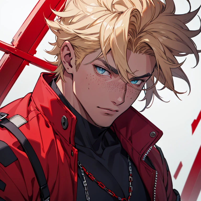  My hero Academy one boy character. With light freckles on the face,  muscular and toned and robust body, tall, blue eyes, clear and smooth skin, wavy semi-short blonde hair, scarlet red color lights and scarlet red color energies around. anime. Magic scarlet red color. cool clothes with pieces of purple iron. Big boy, bad boy. Hot boy.