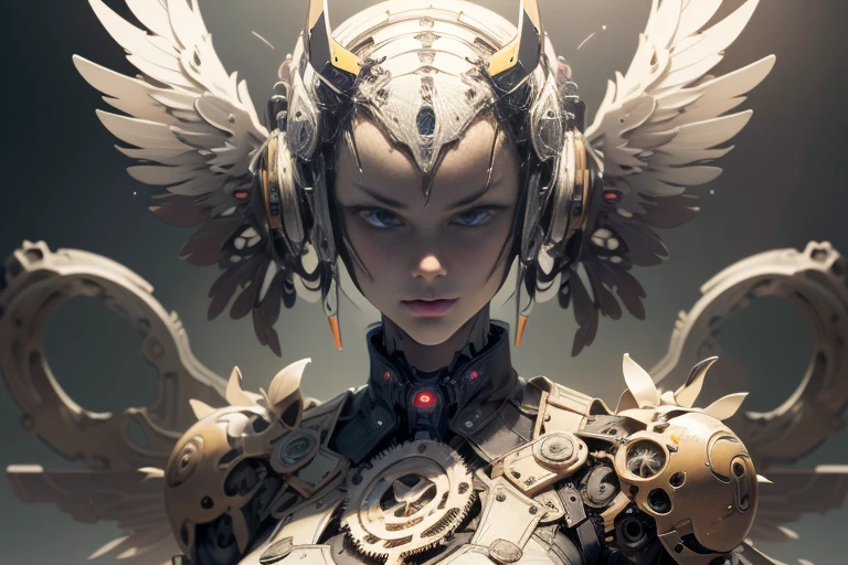 (mechanical angel), mechanical wings with gears extended, detailed face, proportional face, (devious and beautiful), (machine-made:1.6), cinematic light, Science fiction, surreal, apocalypse, (CG illustration), (Highly detailed), (high resolution), (Best quality), (masterpiece)
