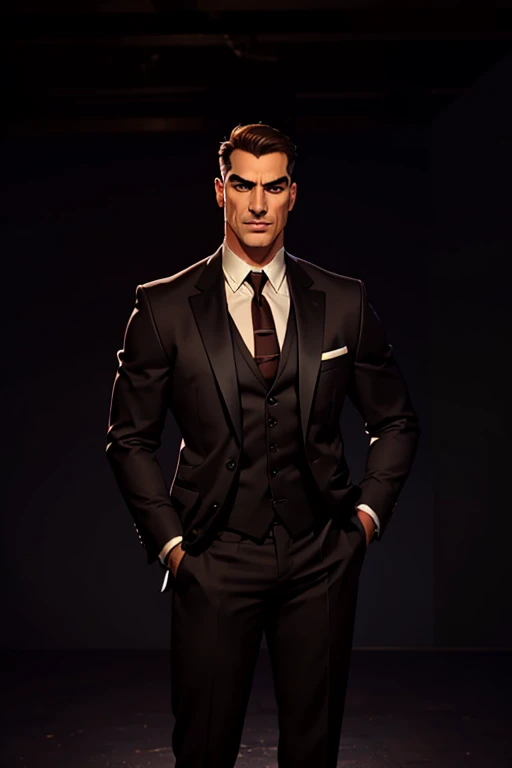 1 male, adult, mature, tall guy, broad shoulders, handsome, very short hair, brown eyes, angular jaw, thick neck, thick eyebrows, night, dark, (basement background:1.3), formal suit, necktie, standing, hands on hips,