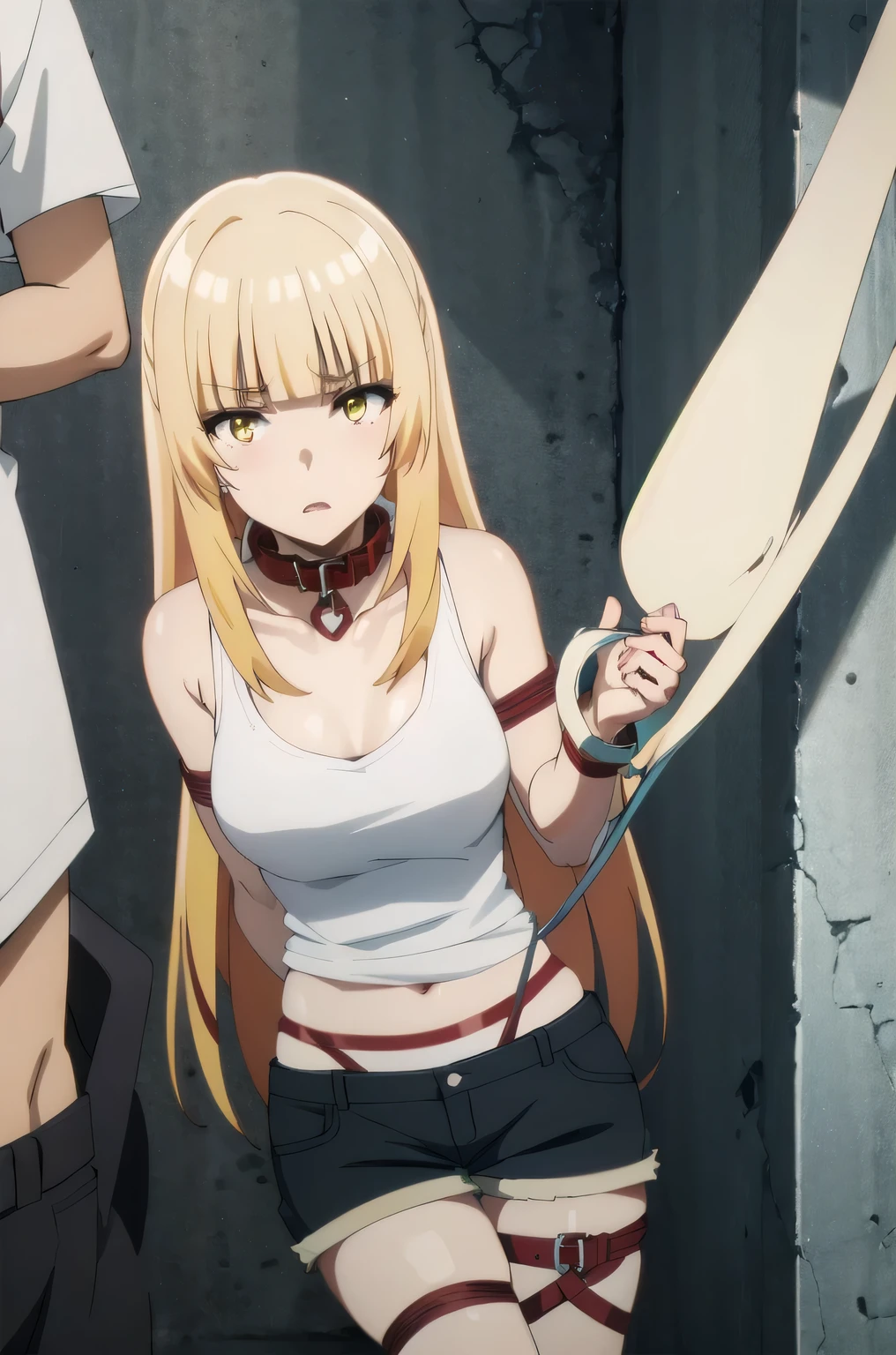 ((collar,leash,tied up,bondage,scared expression)),1Girl, solo,yellow eyes, blonde hair,,shorts,top-tank,looking at viewer