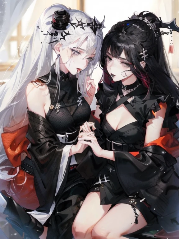 beautiful eyes、Two women kisasterpiece, best quality, high quality, ultra detailed, 1girl, looking at viewer, white hair, gray eyes, black lipstick, black shirt, sitting on a white floor, demon girl, gothcore, 1 7 - year - old, goth girl, japanese gothic, gothic punk style, black metal style, hands on head,.yurikiss、Girl kissing girl、Sex、