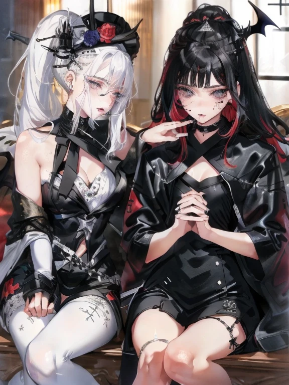 beautiful eyes、Two women kisasterpiece, best quality, high quality, ultra detailed, 1girl, looking at viewer, white hair, gray eyes, black lipstick, black shirt, sitting on a white floor, demon girl, gothcore, 1 7 - year - old, goth girl, japanese gothic, gothic punk style, black metal style, hands on head,.yurikiss、Girl kissing girl、Sex、
