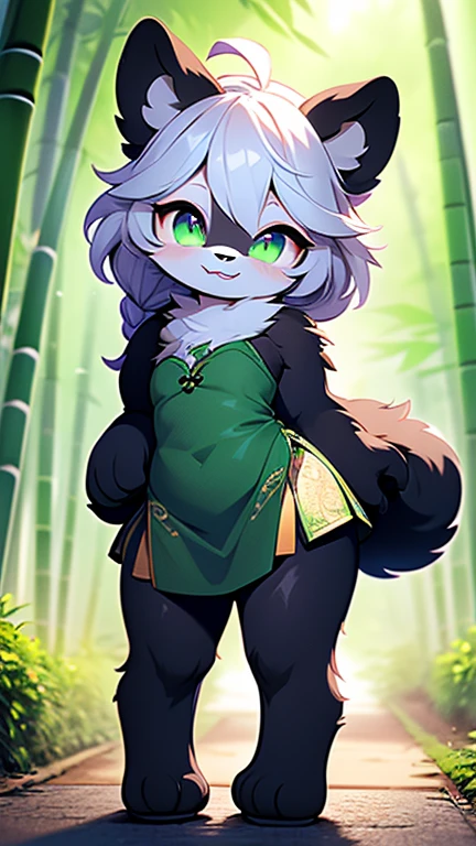[Yaya Panda], [Uploaded to e621.net; (Pixelsketcher), (wamudraws)], ((masterpiece)), ((HD)), ((solo portrait)), ((full body)), ((front view)), ((feet visible)), ((furry; anthro)), ((detailed fur)), ((detailed shading)), ((beautiful render art)), ((intricate details)), {anthro panda; (black fur), (white fur), black nose, (cute green eyes), (short eyelashes), black hair, braided ponytail, (curvy hips), (beautiful legs), (cute grin)}, {(green chinese dress), (tight red yoga pants), (red ballet flats)}, {(standing), (hands behind back), (looking at viewer)}, [background; (bamboo forest), (beaten pathway), (blue sky), (cloudy)]