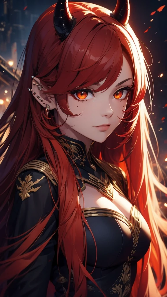 (best quality,4k,highres,masterpiece:1.2),ultra-detailed,realistic:1.37, portraits, (((long flowing red hair))), beautifully fair skin, black outfit, (((piercing orange eyes))), sensual pose, ((subtle black spots, mysterious aura, monochromatic colors)), mature woman, ((black horn))