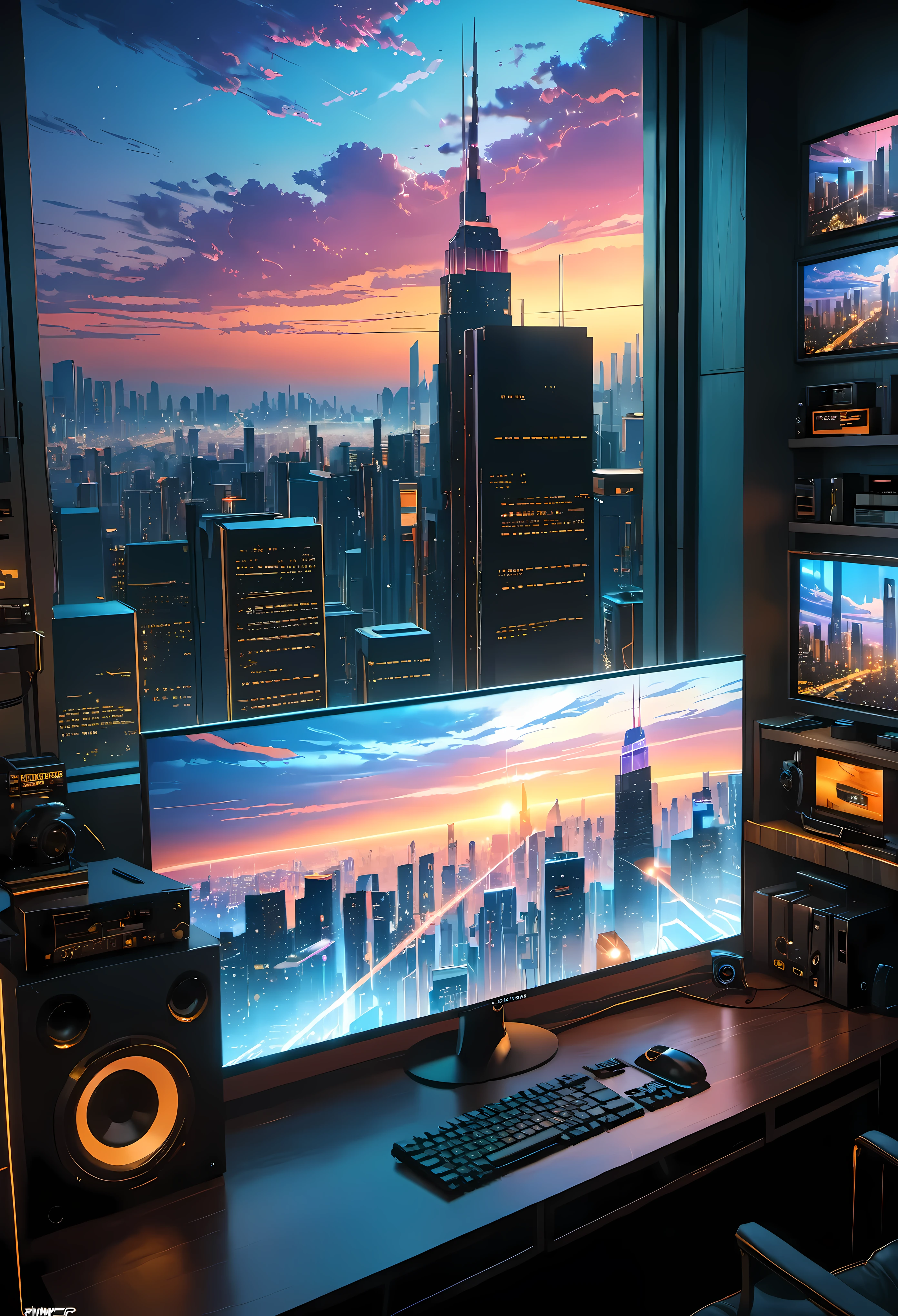 illustration of a cyberpunk room with a view of futuristic city at dusk, scenery wallpaper aesthetic, wallpaper aesthetic, beautiful aesthetic art, beautiful and aesthetic, vaporware artstyle, beautiful futuristic cityscape, vaporware art, cozy wallpaper, anime background art, futuristic cityscape in the window, watching the sun set. vaporware anime, vaporware anime aesthetic, vaporware illustration style, city sunset, vaporware aesthetic. | ((Masterpiece in maximum 16K resolution):1.6),((soft_color_illustration:1.5), ((Ultra-Detailed):1.4),((Movie-like still images and dynamic angles):1.3), ((Ultra wide angle):1.5),((cinematic illustration style):1.3). | award winning masterpiece with incredible details, epic stunning, (shimmer), (visual experience), (Realism), (Realistic), award-winning graphics, dark shot, film grain, extremely detailed, Digital Art, rtx, Unreal Engine, scene concept anti glare effect, All captured with sharp focus. Rendered in ultra-high definition with UHD and retina quality, this masterpiece ensures anatomical correctness and textured skin with super detail. With a focus on high quality and accuracy, this award-winning portrayal captures every nuance in stunning 16k resolution, immersing viewers in its lifelike depiction. Avoid extreme angles or exaggerated expressions to maintain realism. ((perfect_composition, perfect_design, perfect_layout, perfect_detail, ultra_detailed)), ((enhance_all, fix_everything)),