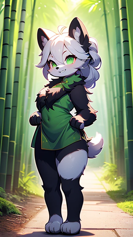 [Yaya Panda], [Uploaded to e621.net; (Pixelsketcher), (wamudraws)], ((masterpiece)), ((HD)), ((solo portrait)), ((full body)), ((front view)), ((feet visible)), ((furry; anthro)), ((detailed fur)), ((detailed shading)), ((beautiful render art)), ((intricate details)), {anthro panda; (black fur), (white fur), black nose, (cute green eyes), (short eyelashes), black hair, braided ponytail, (curvy hips), (beautiful legs), (cute grin)}, {(green chinese dress), (tight red yoga pants), (red ballet flats)}, {(standing), (hands behind back), (looking at viewer)}, [background; (bamboo forest), (beaten pathway), (blue sky), (cloudy)]