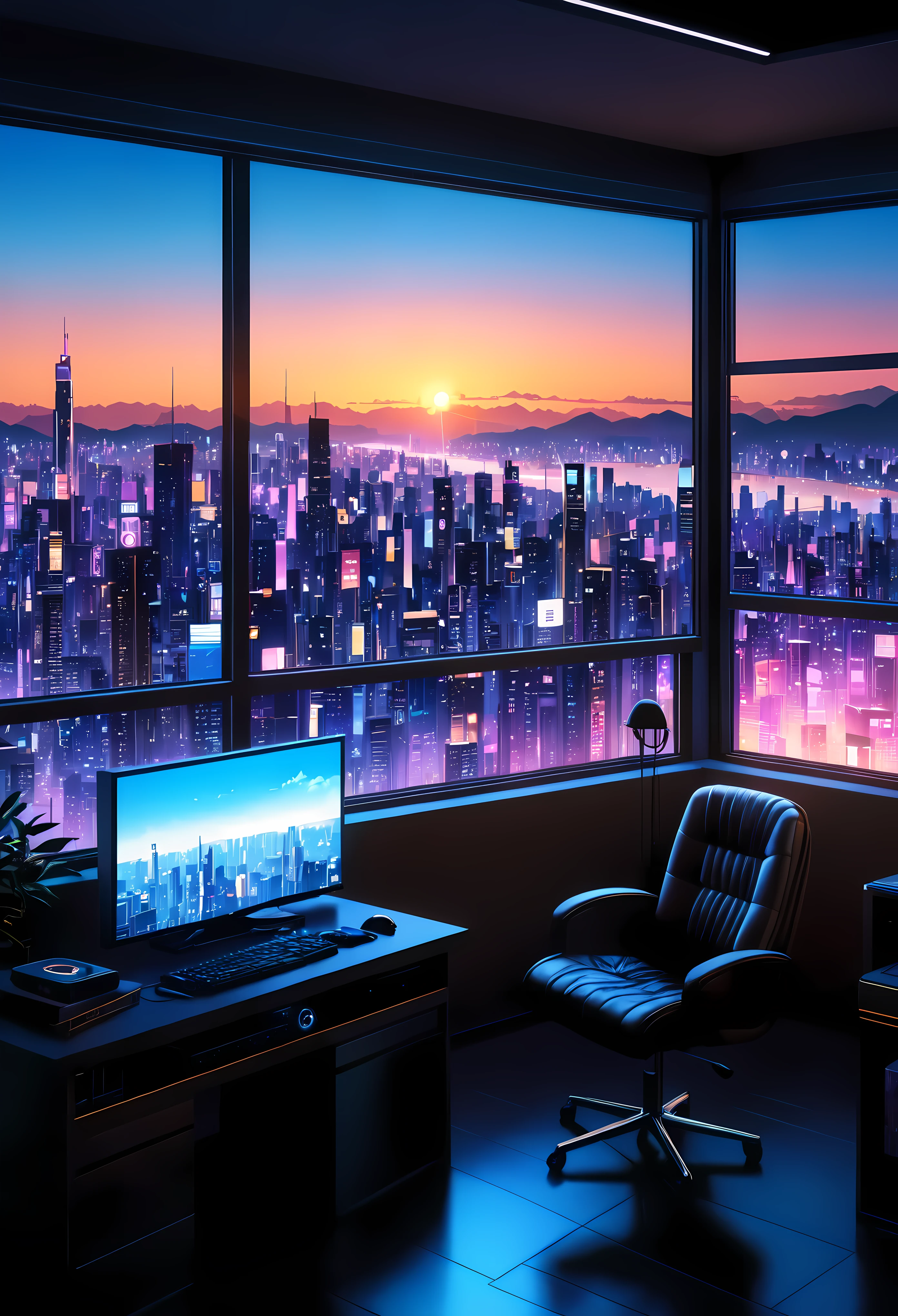 illustration of a cyberpunk room with a view of futuristic city at dusk, scenery wallpaper aesthetic, wallpaper aesthetic, beautiful aesthetic art, beautiful and aesthetic, vaporware artstyle, beautiful futuristic cityscape, vaporware art, cozy wallpaper, anime background art, futuristic cityscape in the window, watching the sun set. vaporware anime, vaporware anime aesthetic, vaporware illustration style, city sunset, vaporware aesthetic. | ((Masterpiece in maximum 16K resolution):1.6),((soft_color_illustration:1.5), ((Ultra-Detailed):1.4),((Movie-like still images and dynamic angles):1.3), ((Ultra wide angle):1.5),((cinematic illustration style):1.3). | award winning masterpiece with incredible details, epic stunning, (shimmer), (visual experience), (Realism), (Realistic), award-winning graphics, dark shot, film grain, extremely detailed, Digital Art, rtx, Unreal Engine, scene concept anti glare effect, All captured with sharp focus. Rendered in ultra-high definition with UHD and retina quality, this masterpiece ensures anatomical correctness and textured skin with super detail. With a focus on high quality and accuracy, this award-winning portrayal captures every nuance in stunning 16k resolution, immersing viewers in its lifelike depiction. Avoid extreme angles or exaggerated expressions to maintain realism. ((perfect_composition, perfect_design, perfect_layout, perfect_detail, ultra_detailed)), ((enhance_all, fix_everything)),